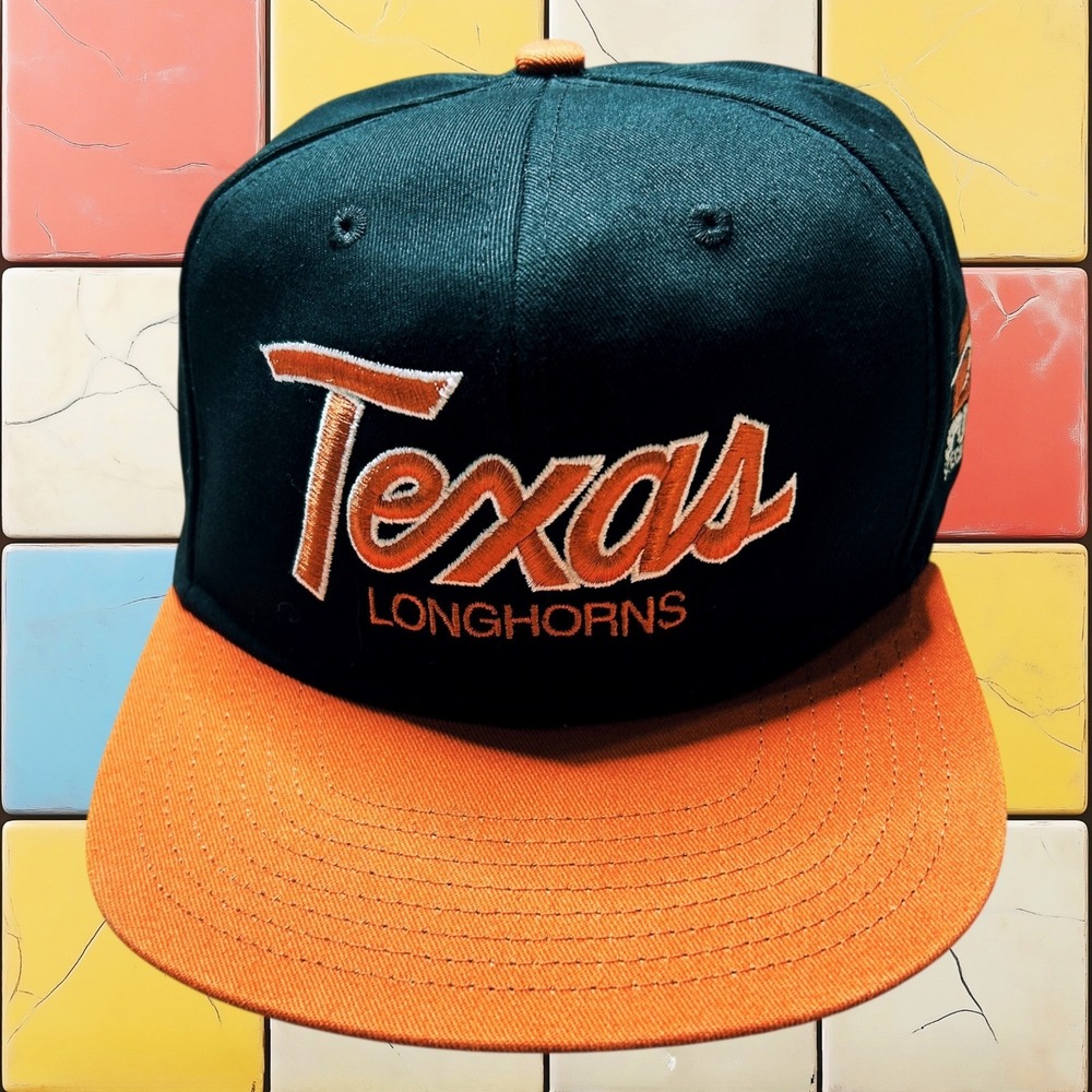 VTG 90S Sports Specialties Script Snapback Texas Longhorns Hat Black Orange NCAA